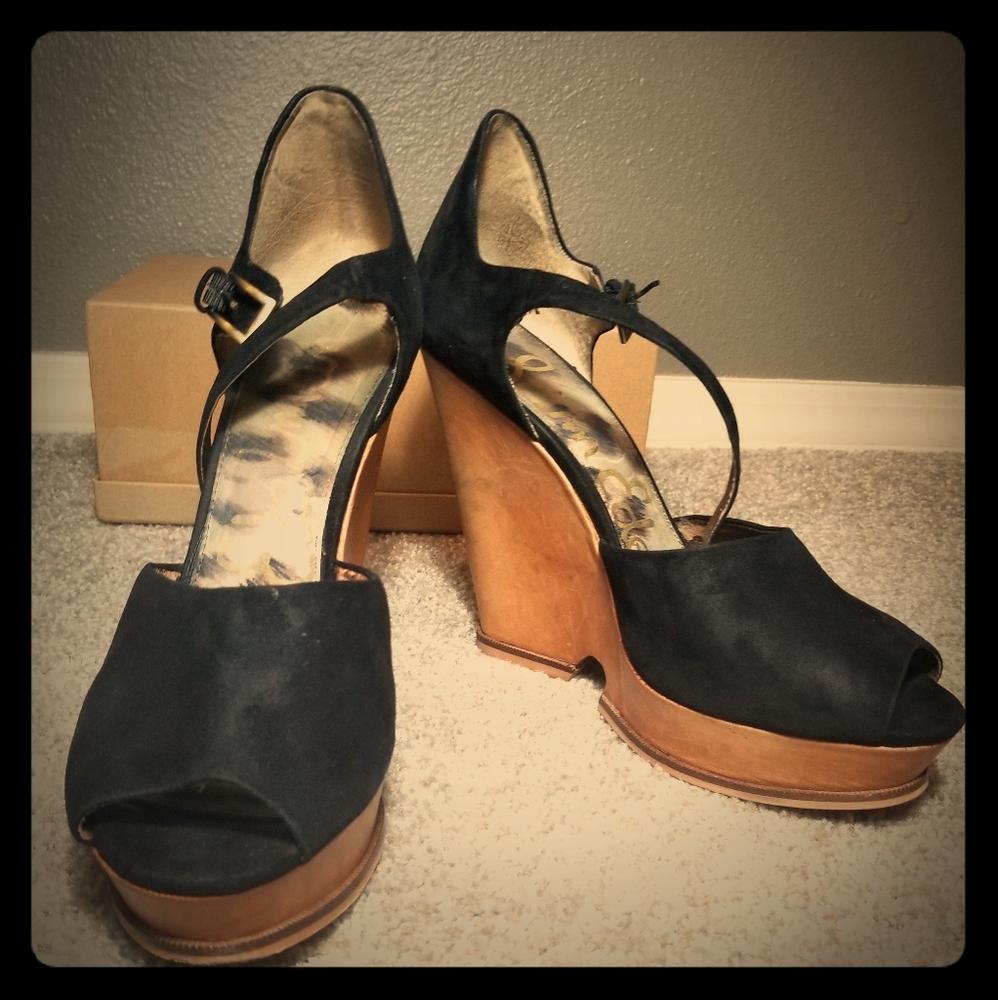 Black chunky suede wedges